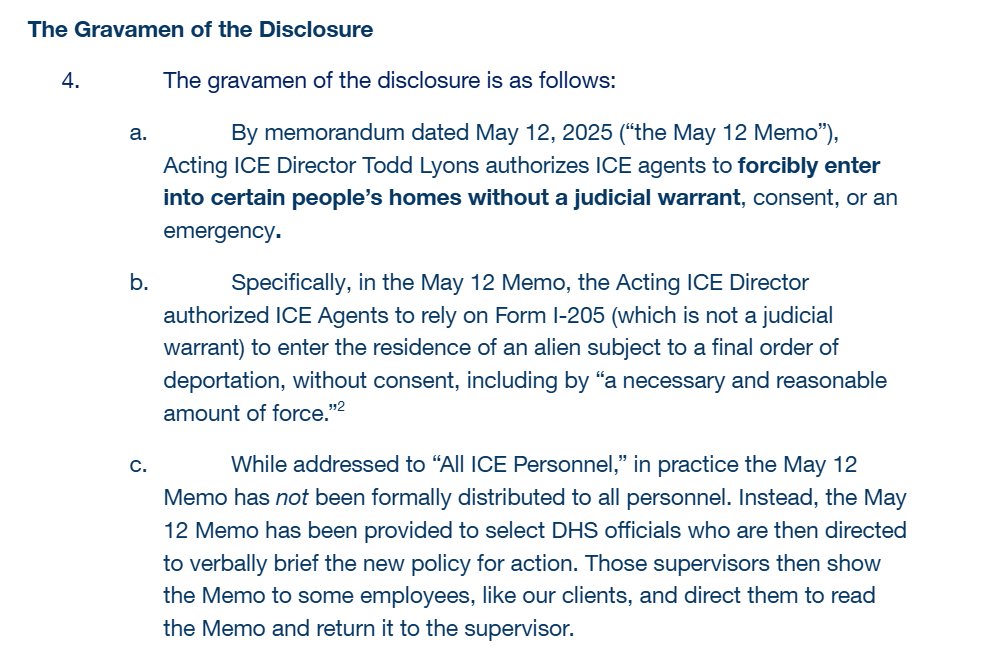 An ICE whistleblower just revealed a secret memo authorizing ICE officers to break into homes without a judicial warrant, which DHS's own legal training materials say is unconstitutional.   ICE then hid the memo from the public, passing it along by word of mouth